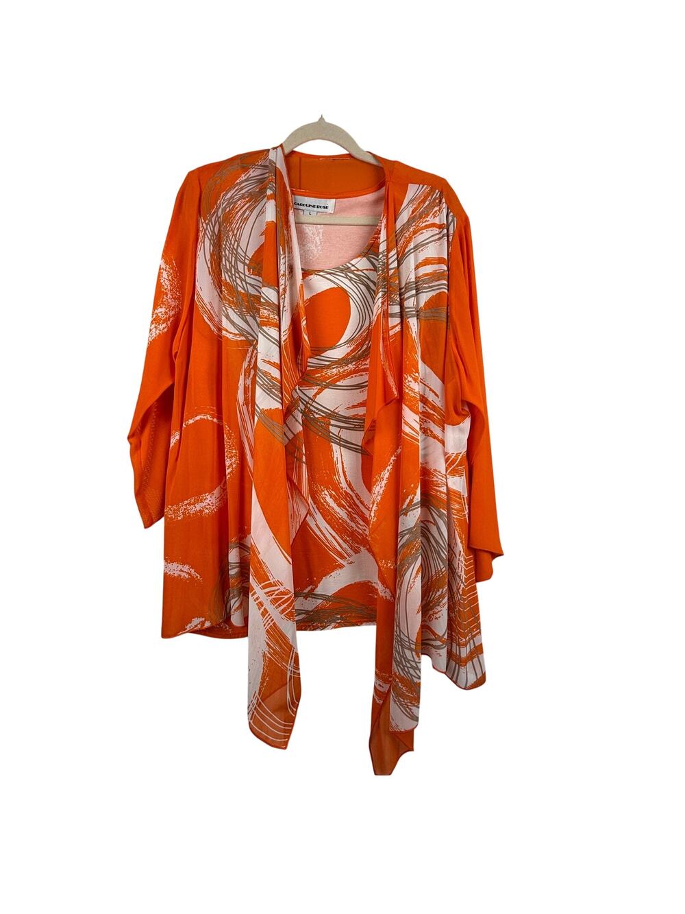 Caroline Rose Cardigan Tank Set Orange Abstract Print Size L